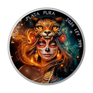 Ocelot Warrior Día de los Muertos 2024 Silver Coin 1 oz Mexico Colored