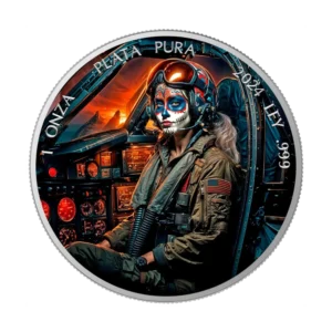 Fighter Pilot Día de los Muertos 2024 Silver Coin 1 oz Mexico Colored