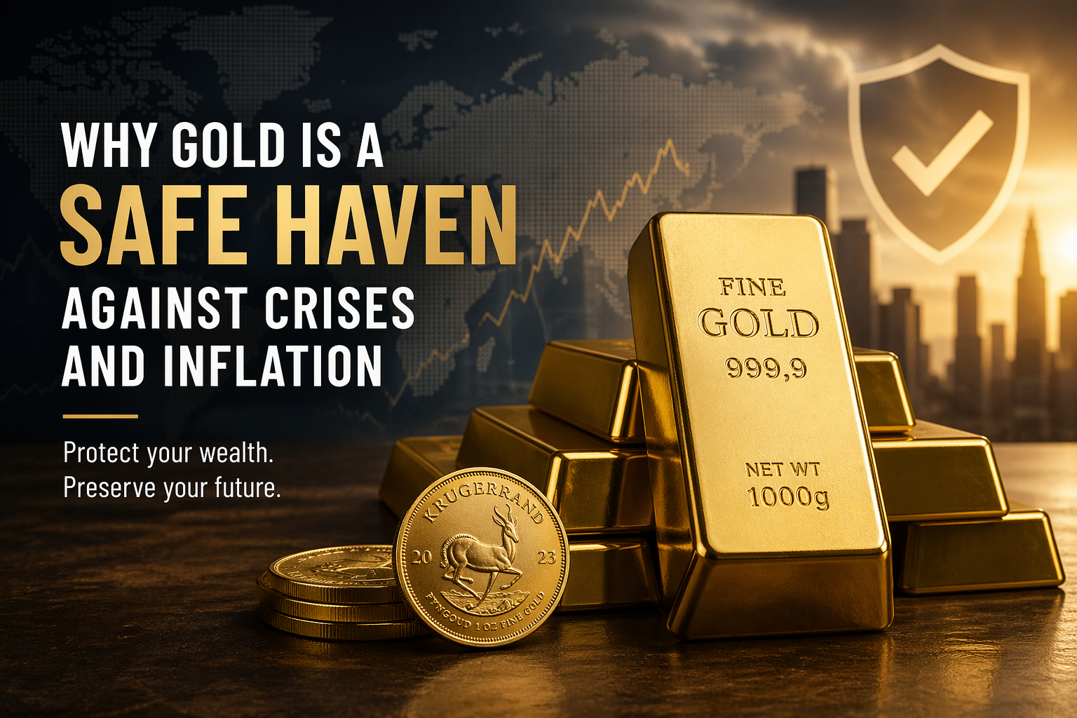 Gold bars and coins representing a safe haven investment against inflation and economic crisis