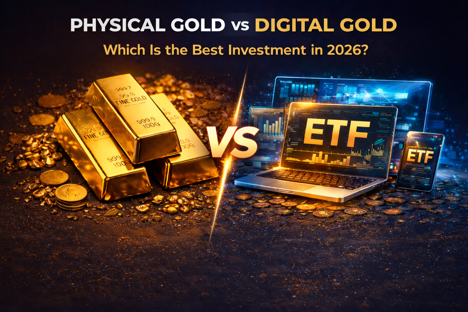 Lingotes de oro físico frente a ETF de oro digital en pantallas financieras, comparando las opciones de inversión en oro tradicionales y modernas en 2026