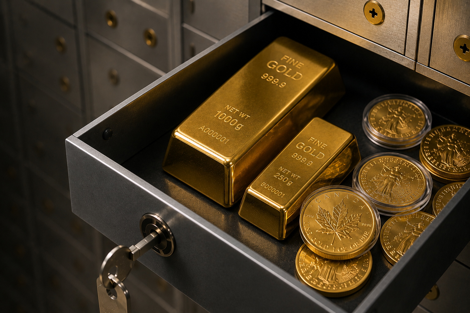 Secure storage vault with physical gold bars and investment coins inside an open safety deposit box.